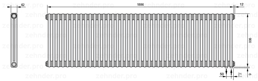 Схема (чертеж) Радиатор Zehnder Charleston 2090/41 №5510 Белый глянцевый RAL 9016